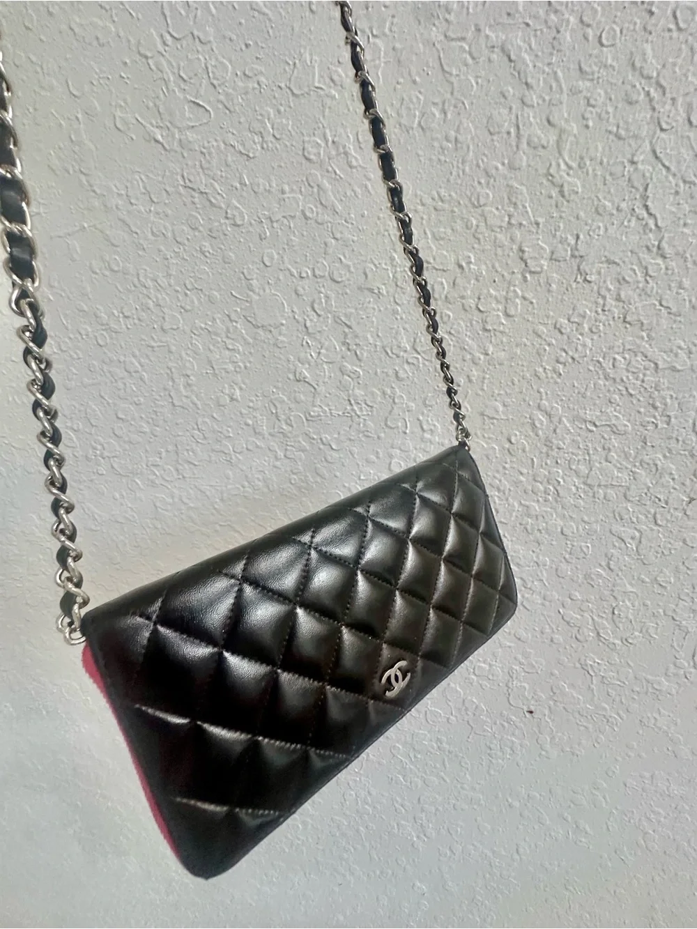 CHANEL Quilted Black Leather wallet with Chain and Pink Trim